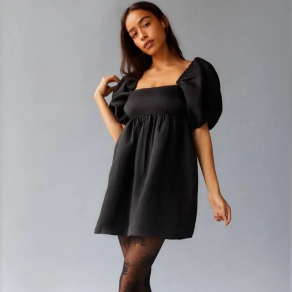 URBAN OUTFITTERS ALEXA TIE BACK MINI DRESS PUFF SLEEVE BABYDOLL DRESS size: xs